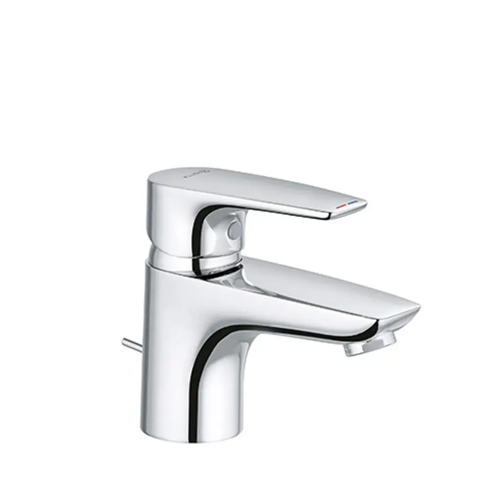 Chromfarbener Waschtischarmatur von Kludi mit einem schlichten Design und einem Hebel für die Wassersteuerung. Metallablauf ist integriert.